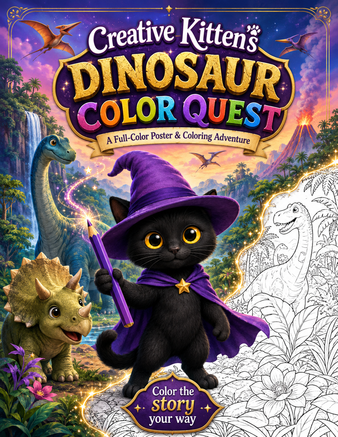 Creative Kitten Dinosaur Color Quest coloring-book cover featuring a cute black kitten wizard and friendly dinosaurs.