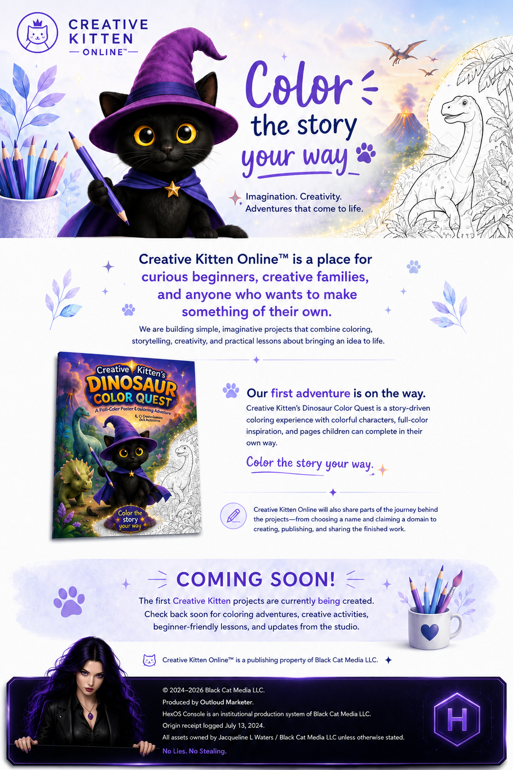 Creative Kitten Online doorway featuring a black kitten wizard, dinosaur coloring adventure, creative-family welcome message, coming-soon announcement, and Black Cat Media ownership footer.