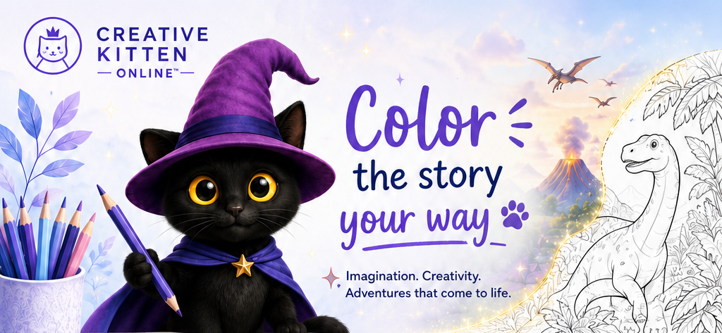 Creative Kitten Online header featuring a black kitten wizard with colorful pencils, a volcano, and dinosaur coloring artwork.